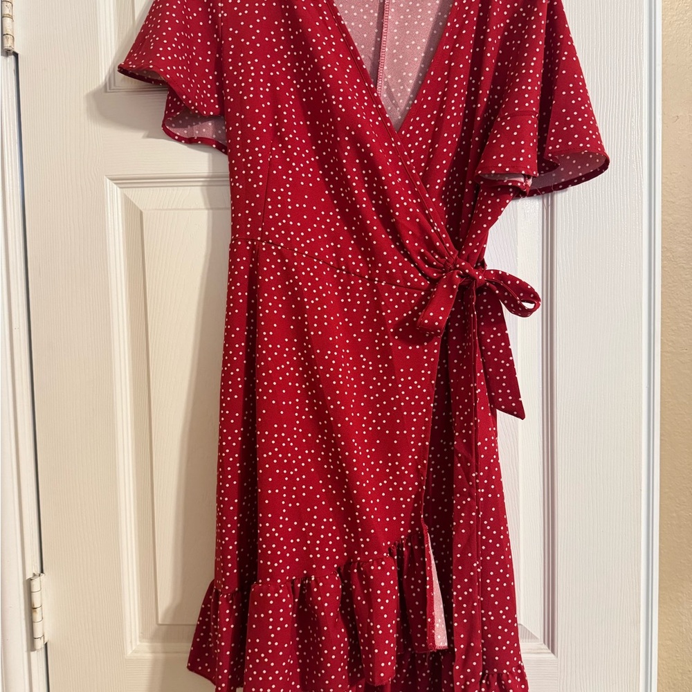 Elegant Red Polka Dot Wrap Dress